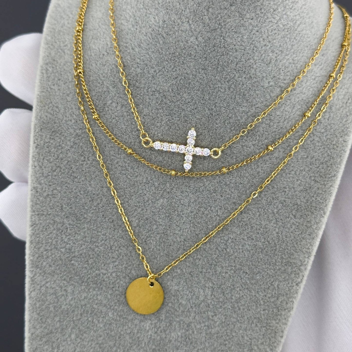 Golden Horizontal Cross Necklace with Cubic Zirconia