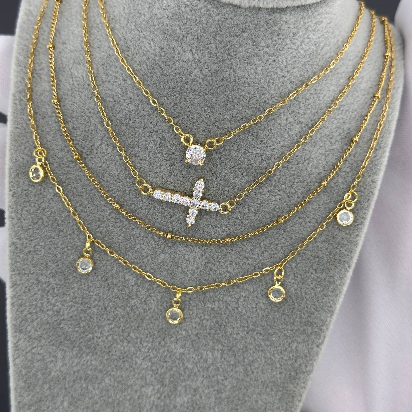 Golden Horizontal Cross Necklace with Cubic Zirconia