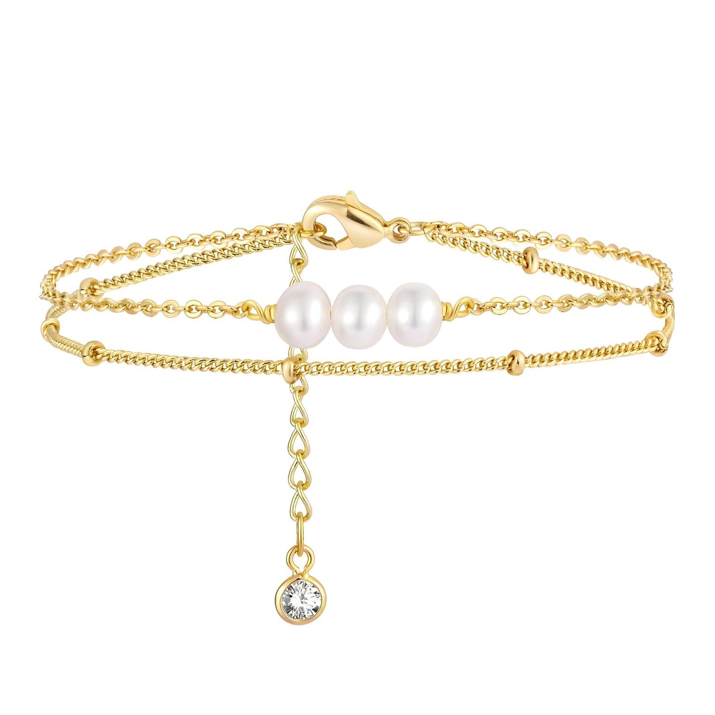 Golden Pearl and Crystal Charm Double Bracelet