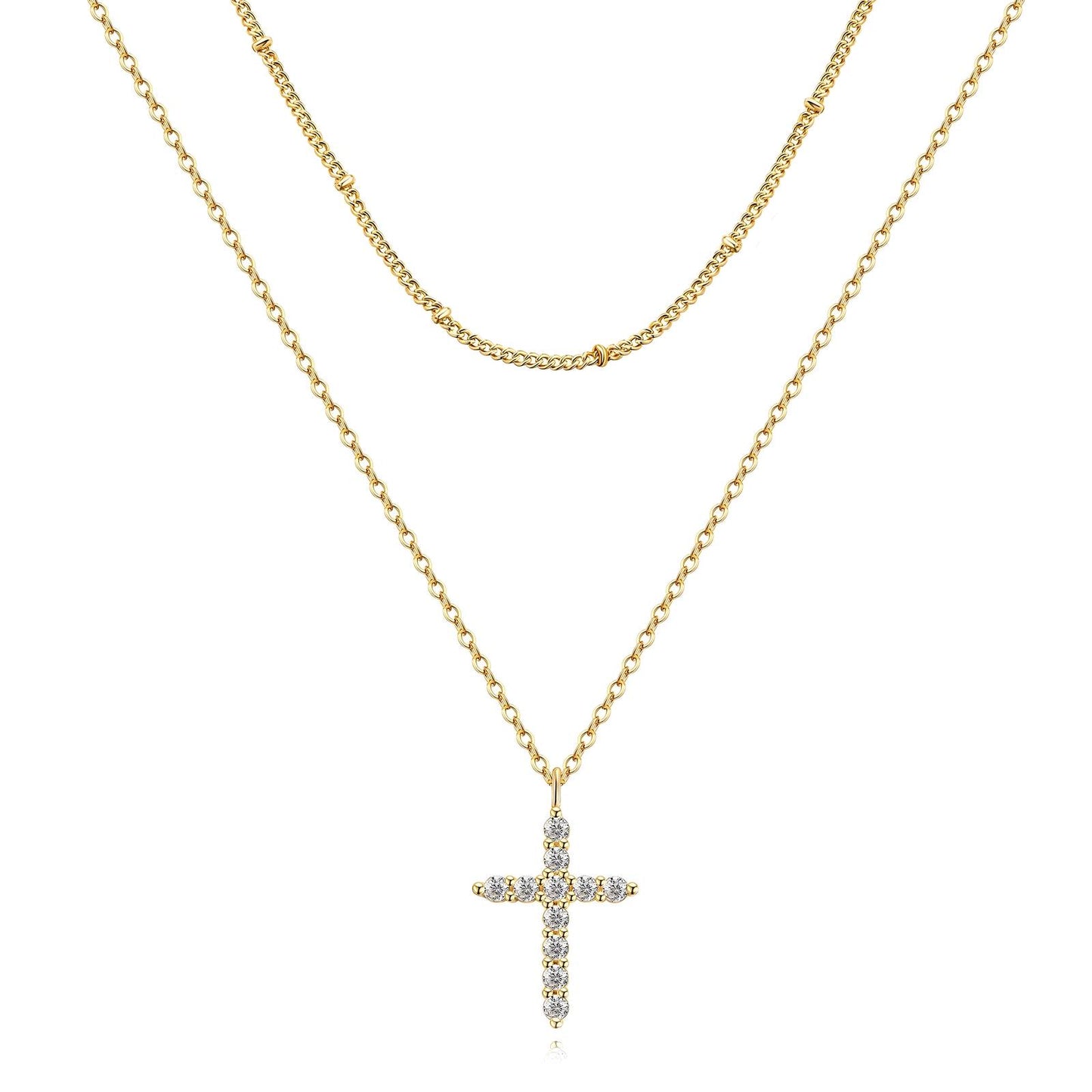 Golden Cross Cubic Zirconia Layered Necklace