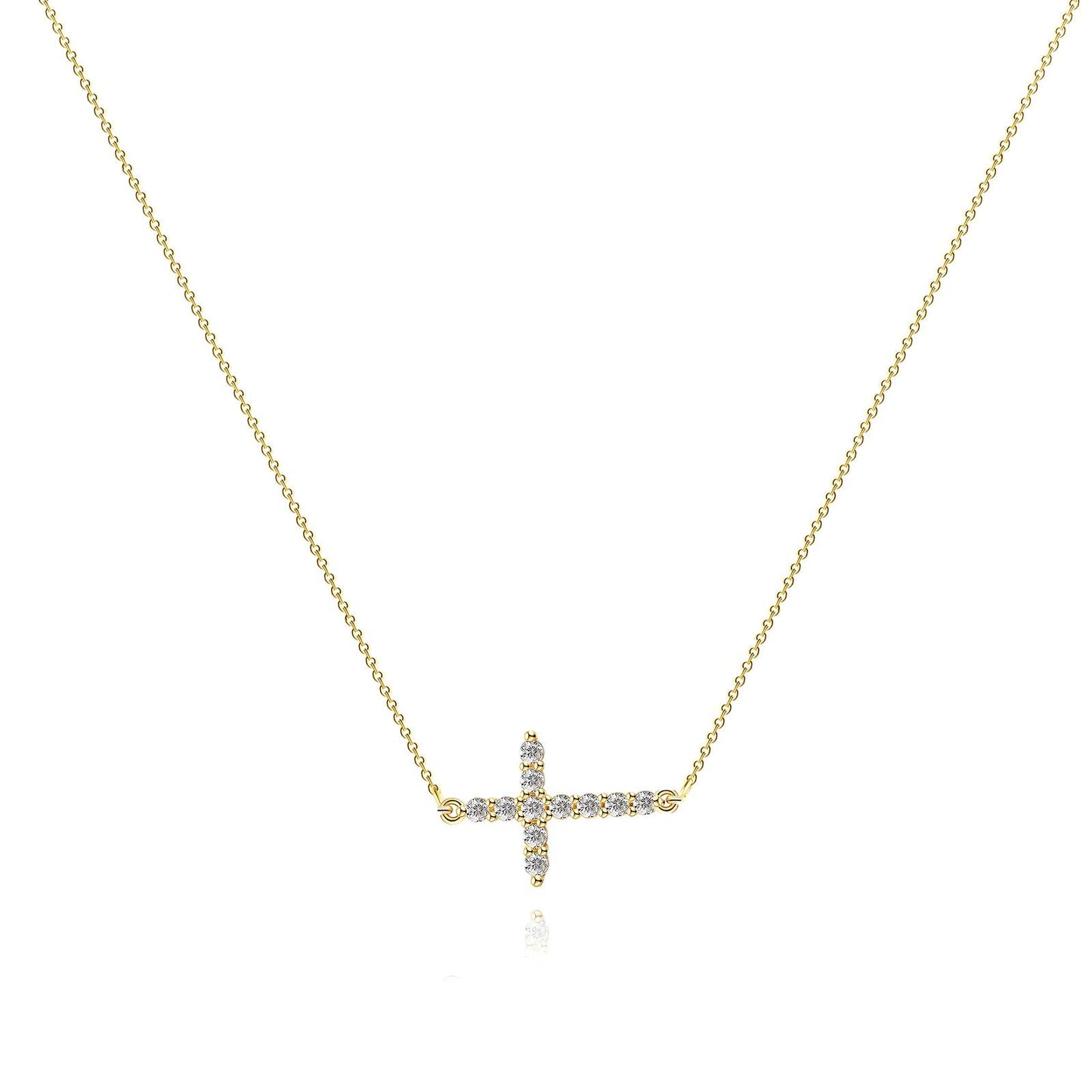 Golden Horizontal Cross Necklace with Cubic Zirconia