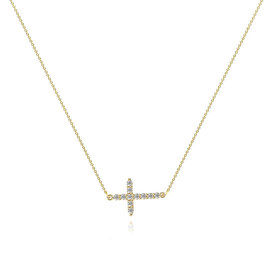 Golden Horizontal Cross Necklace with Cubic Zirconia