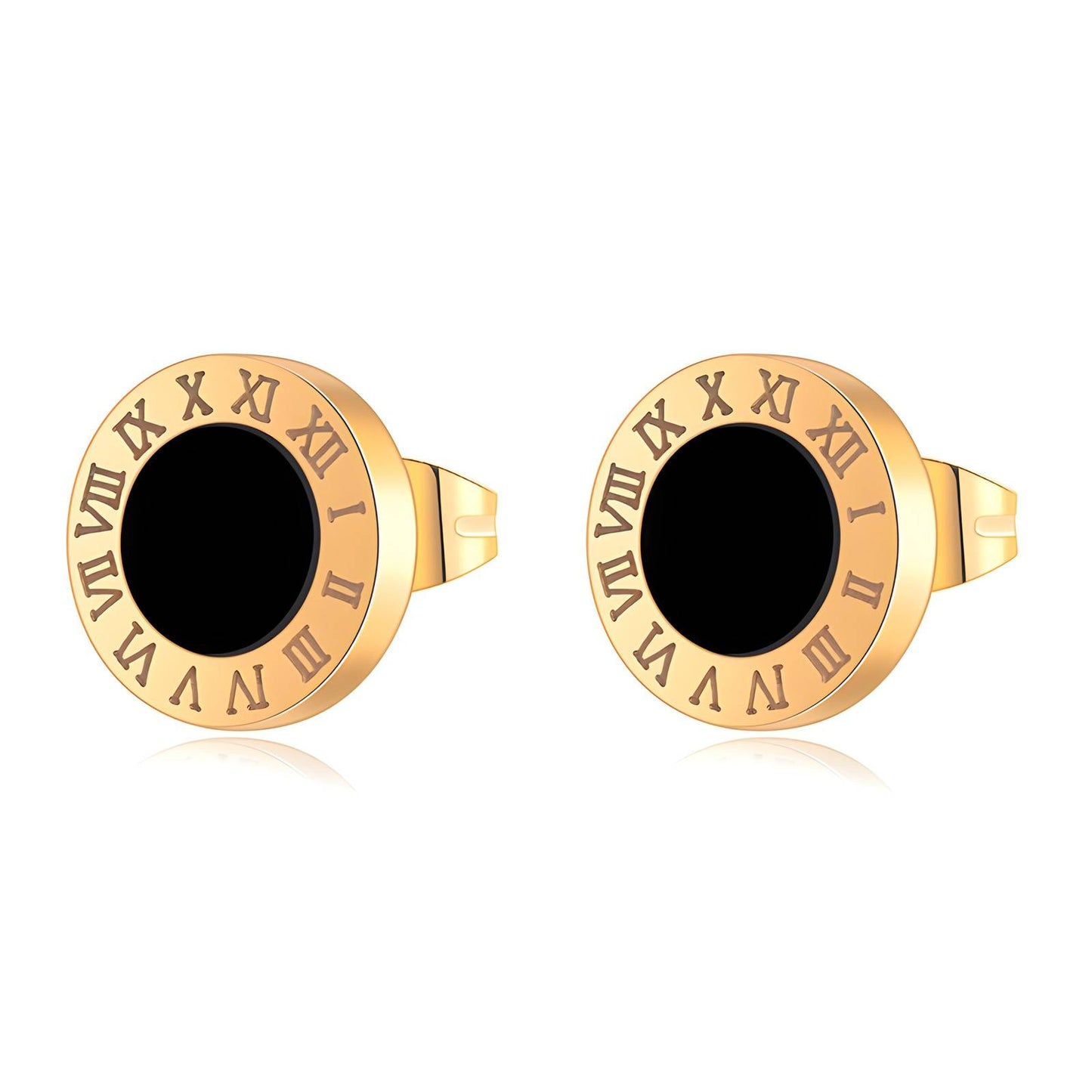 Golden Black Roman Numeral Stud Earrings