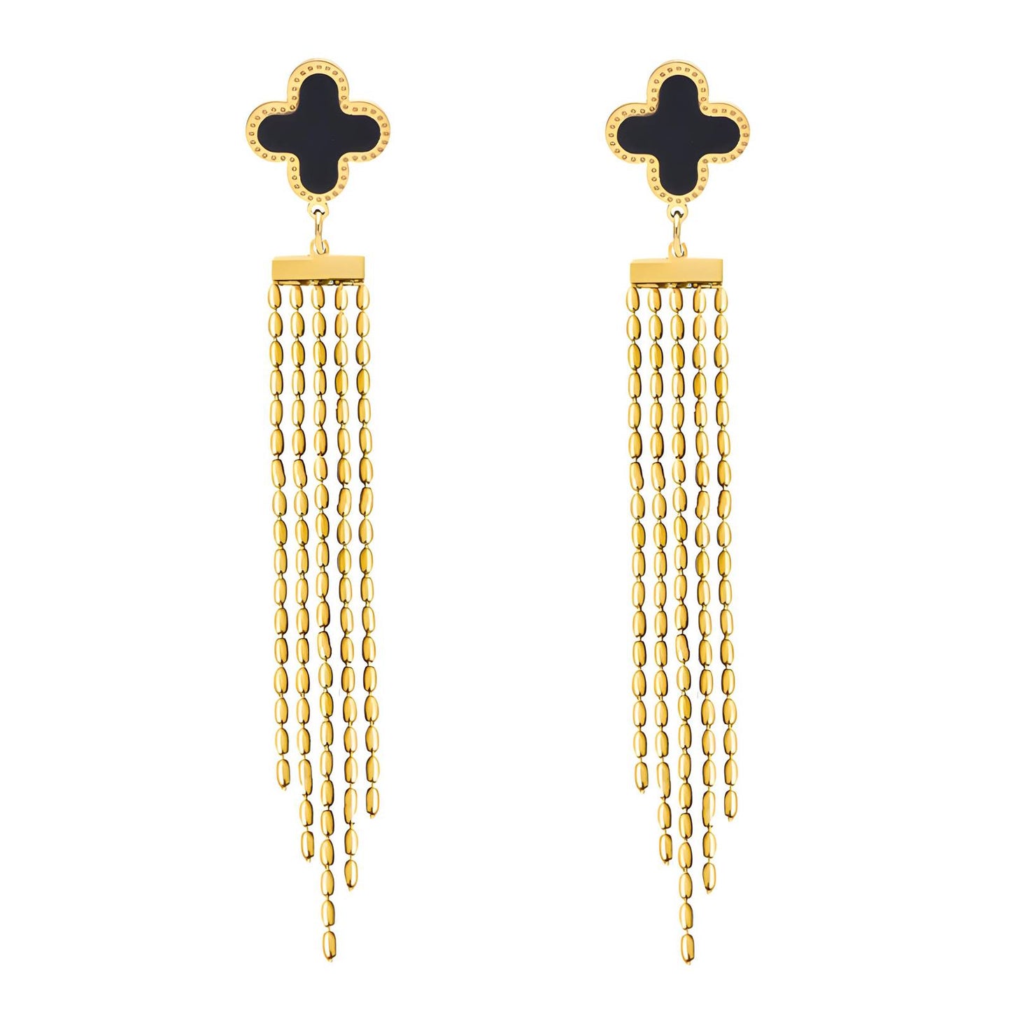 Black Clover Dangle Earrings with Gold Tassels