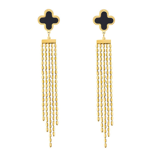 Black Clover Dangle Earrings with Gold Tassels