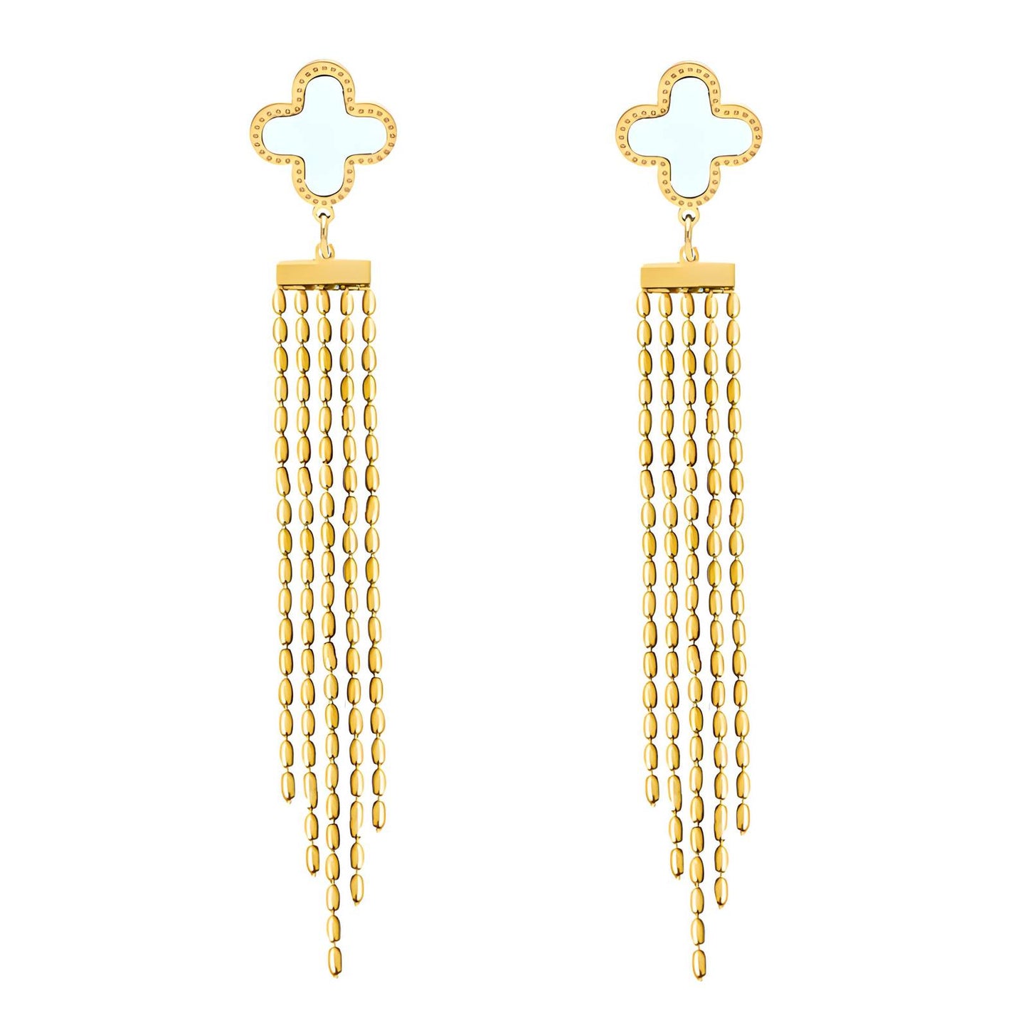 White Clover Dangle Earrings with Gold Tassels