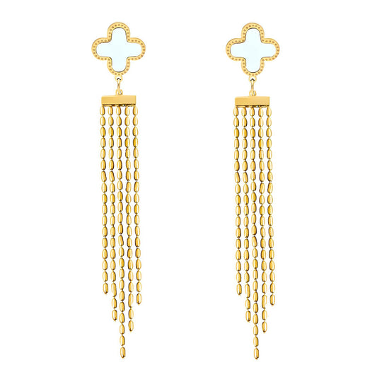 White Clover Dangle Earrings with Gold Tassels