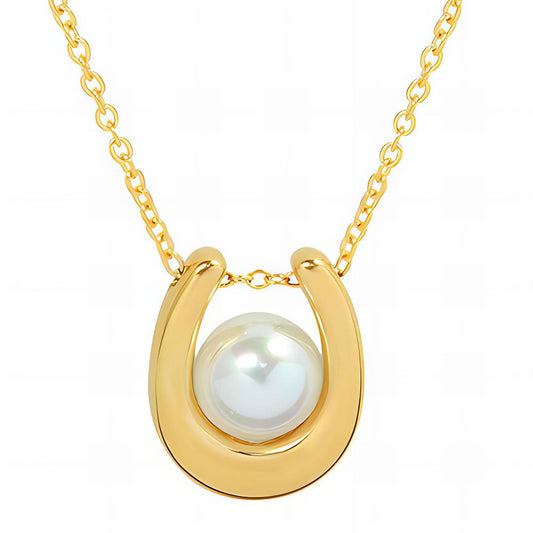 Golden Horseshoe Pendant Necklace with Pearl