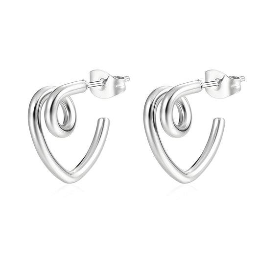 Abstract Heart Silver Hoop Earrings