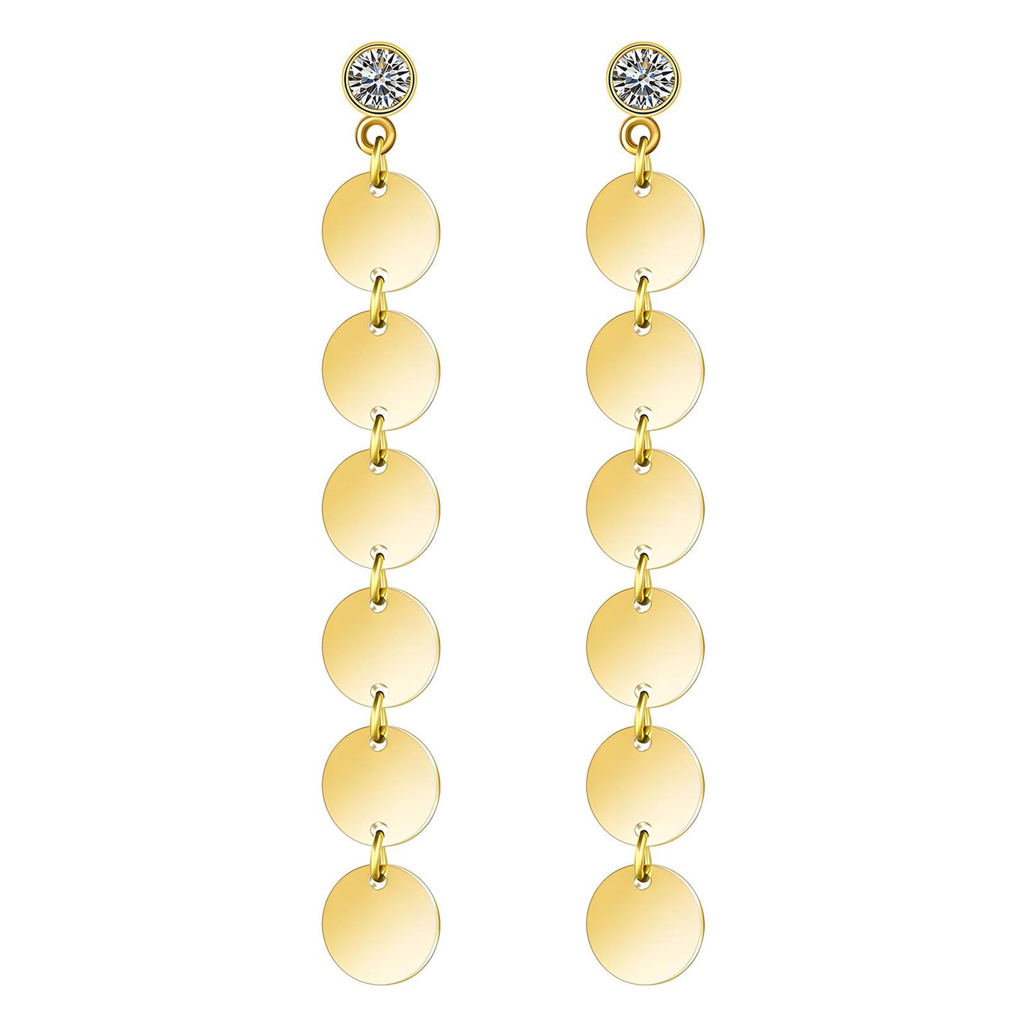 Golden Disc Drop Earrings with Cubic Zirconia