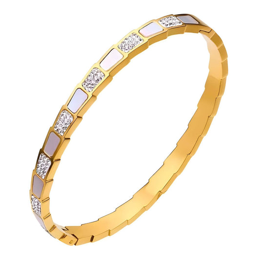 Gold Bangle with Mother-of-Pearl and Cubic Zirconia Accents