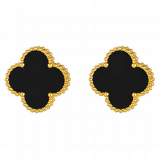 Golden Black Clover Stud Earrings