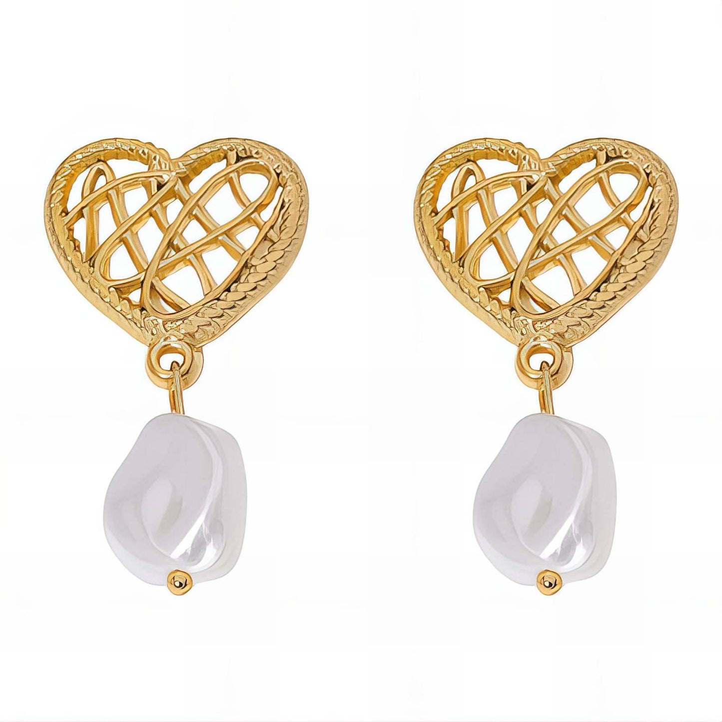 Golden Heart Pearl Drop Earrings