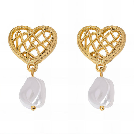 Golden Heart Pearl Drop Earrings