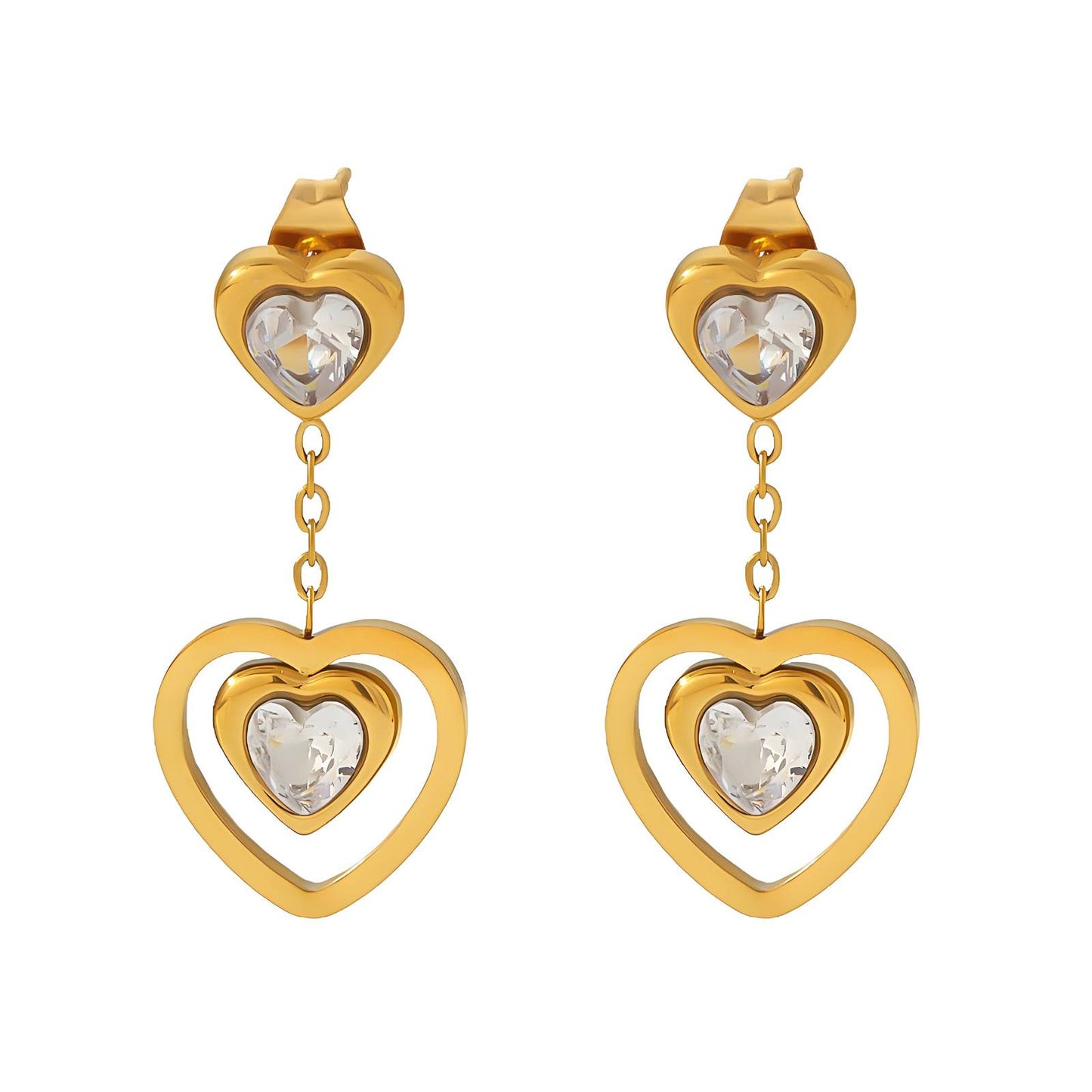 Double Heart Crystal Drop Earrings