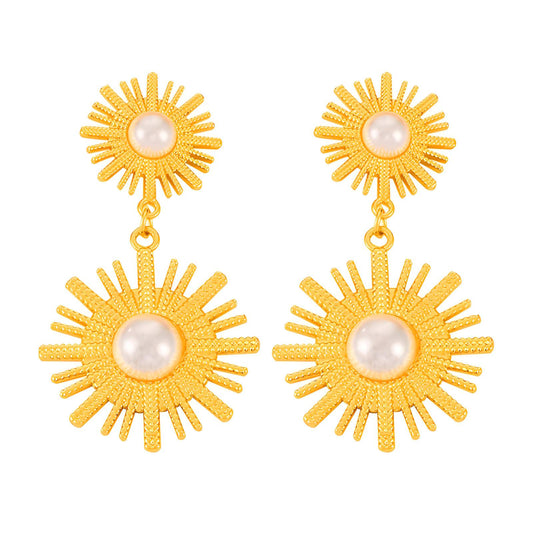 Golden Sunburst Pearl Stud Earrings