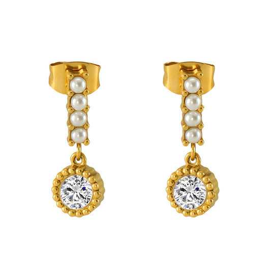 Gold Pearl and Cubic Zirconia Drop Earrings