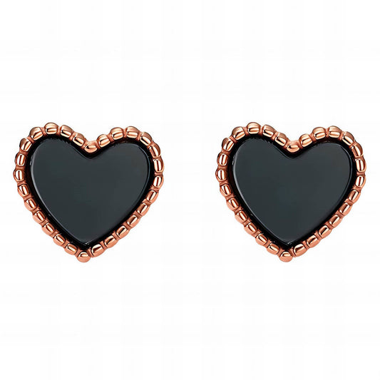 Black Heart Stud Earrings with Rose Gold Beading