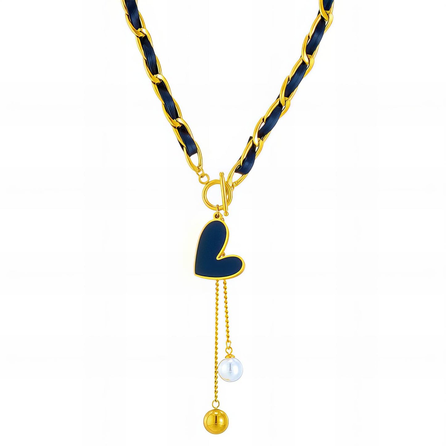 Golden and Black Leather Heart Charm Necklace