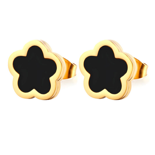 Golden Black Flower Stud Earrings