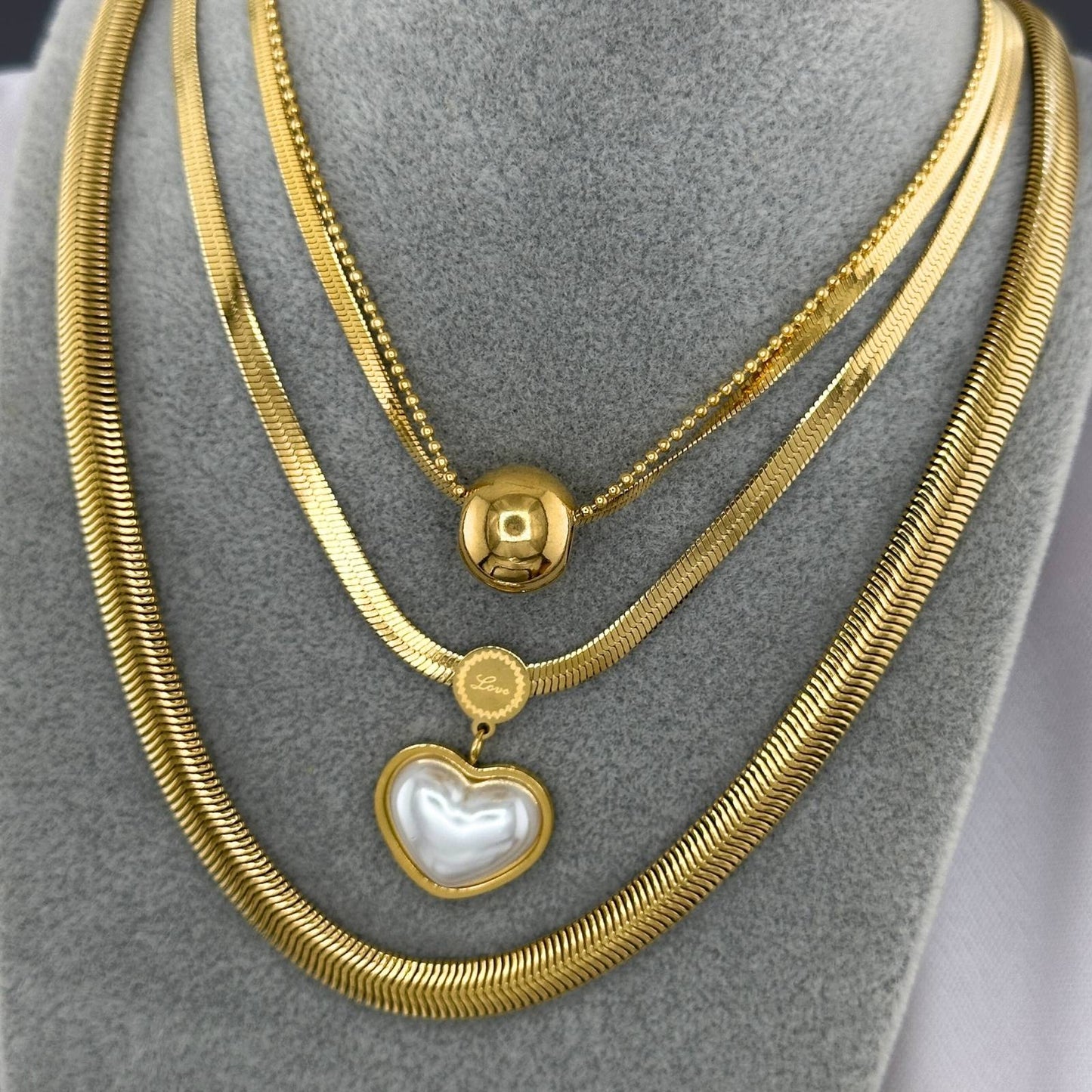 Golden Heart Pendant Herringbone Necklace